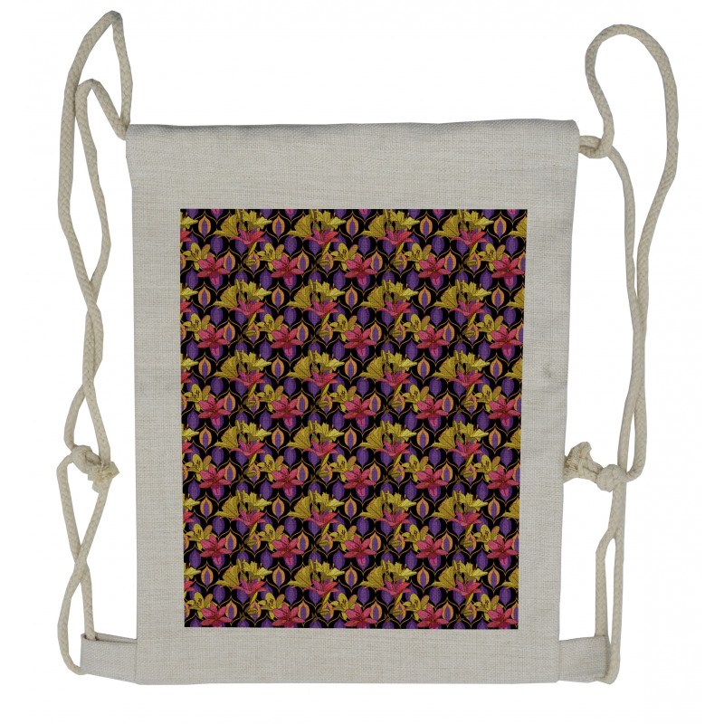 Lily Flowers on Retro Motif Drawstring Backpack