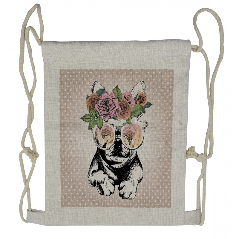 Funny Dog with Rose Wreath Drawstring Backpack