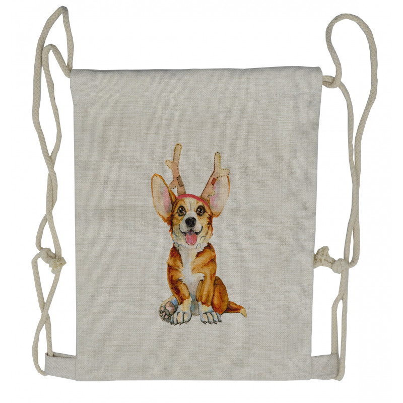 Corgi Dog with Deer Antlers Drawstring Backpack