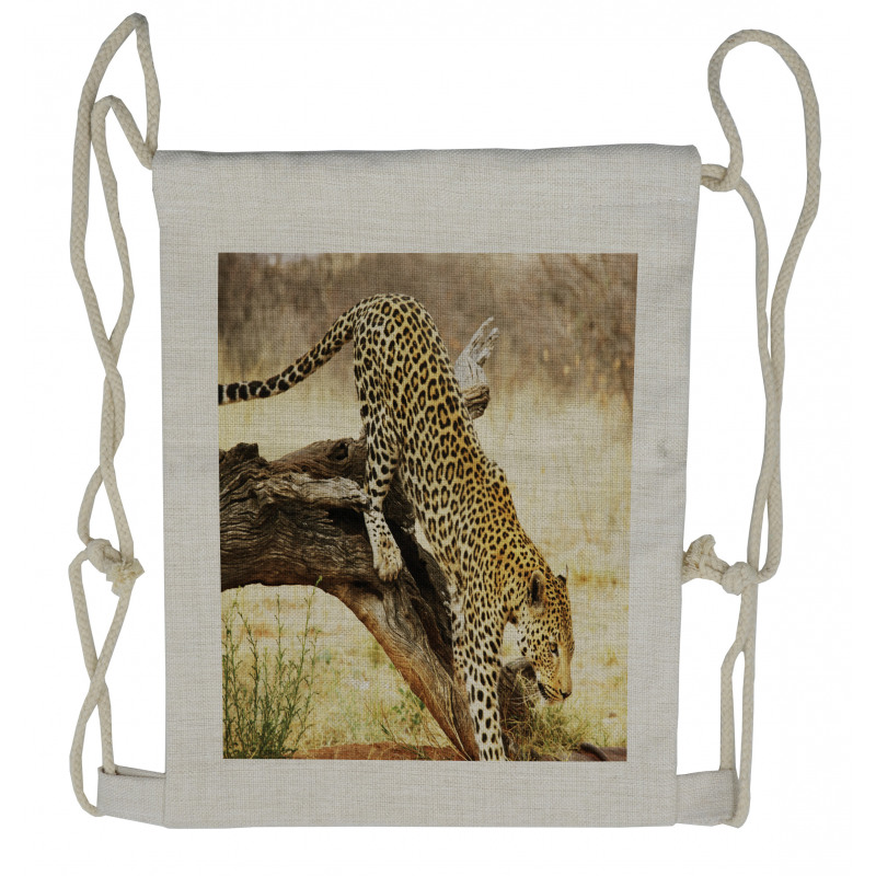 Leopard Wild Cat on Tree Drawstring Backpack