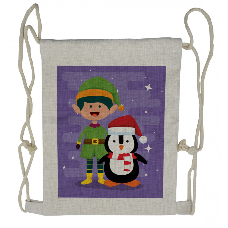 Elf and Penguin Merry Christmas Drawstring Backpack