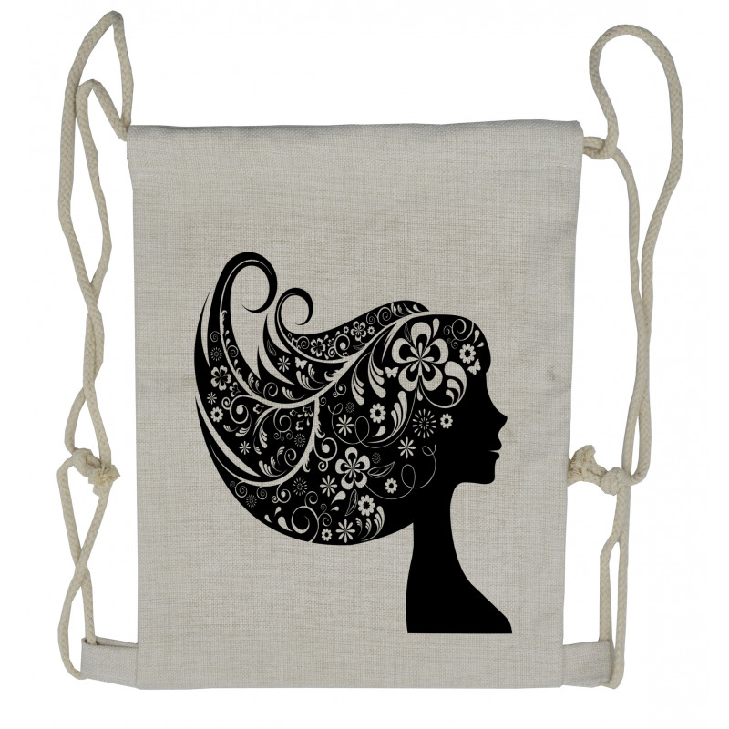 Woman with Floral Hair Drawstring Backpack