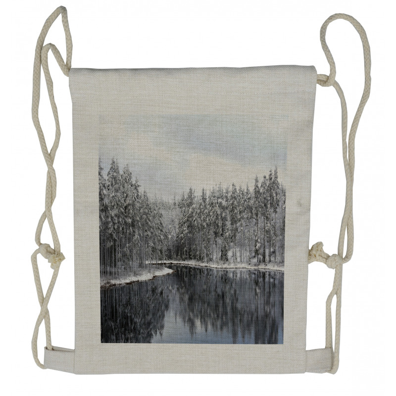 Trees in Cold Day Lake Drawstring Backpack