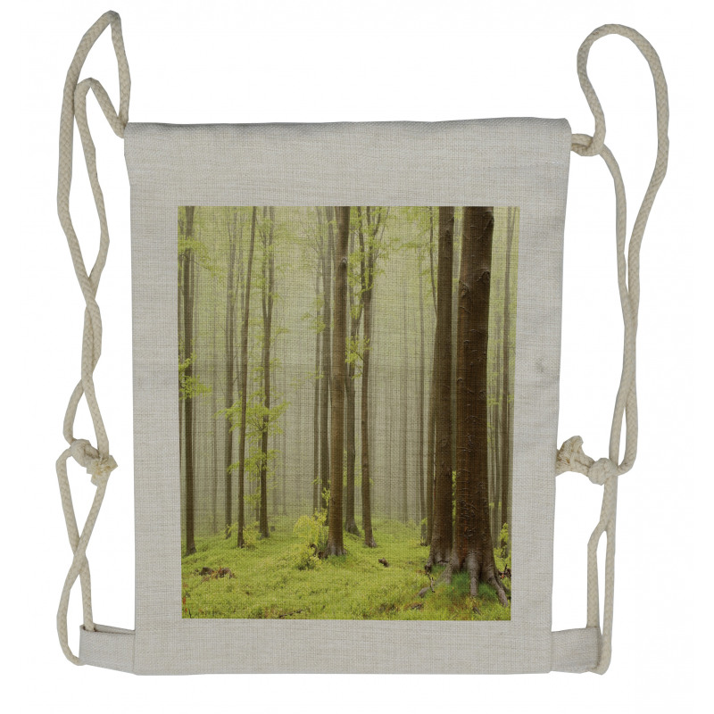 Misty Beech Forest Photo Drawstring Backpack