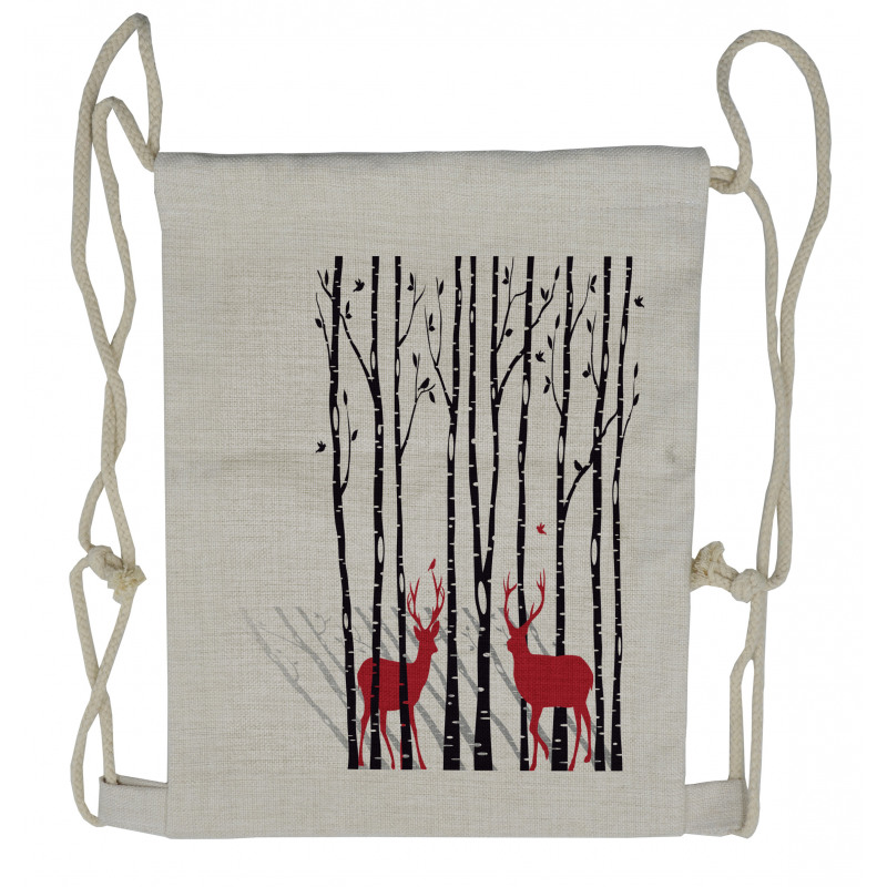 Deer Tree Forest Bird Drawstring Backpack