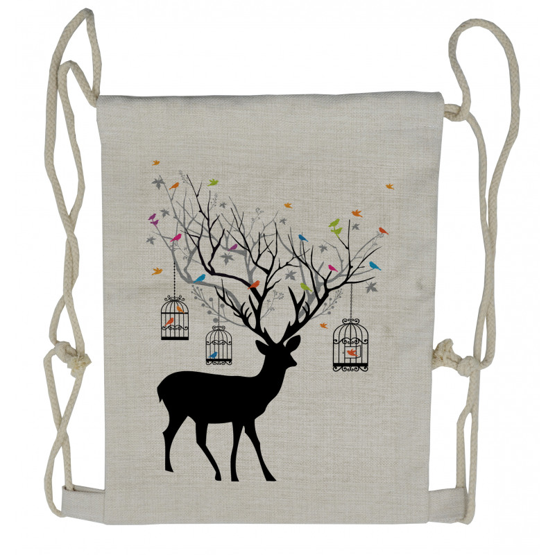 Deer Colorful Birds Drawstring Backpack