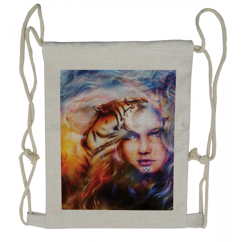 Tiger and Lion Head Drawstring Backpack