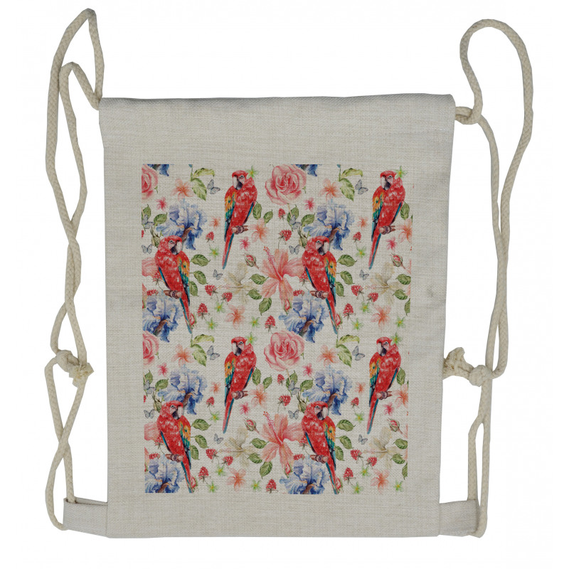 Parrots Iris and Roses Drawstring Backpack