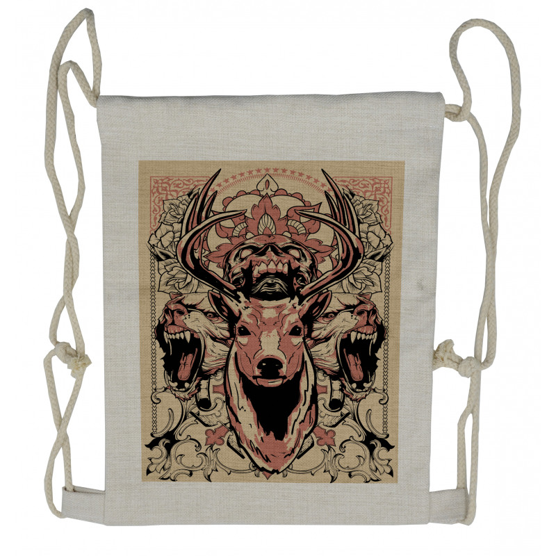 Floral Skull and Wolves Drawstring Backpack