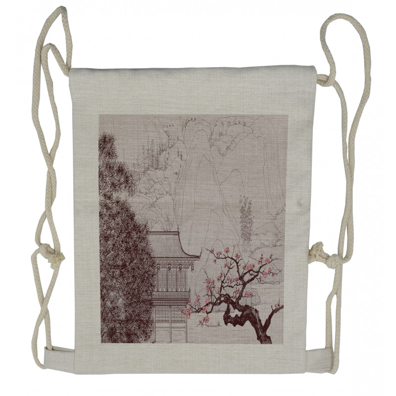 Sakura Trees and Mountain Drawstring Backpack