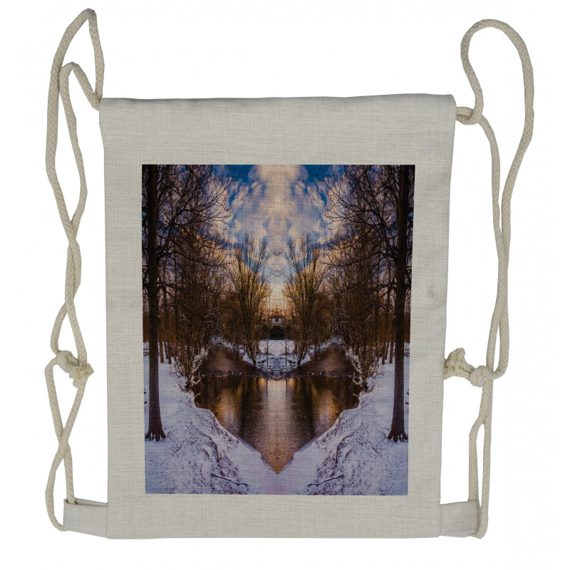 Snowy Winter Park Lake Drawstring Backpack