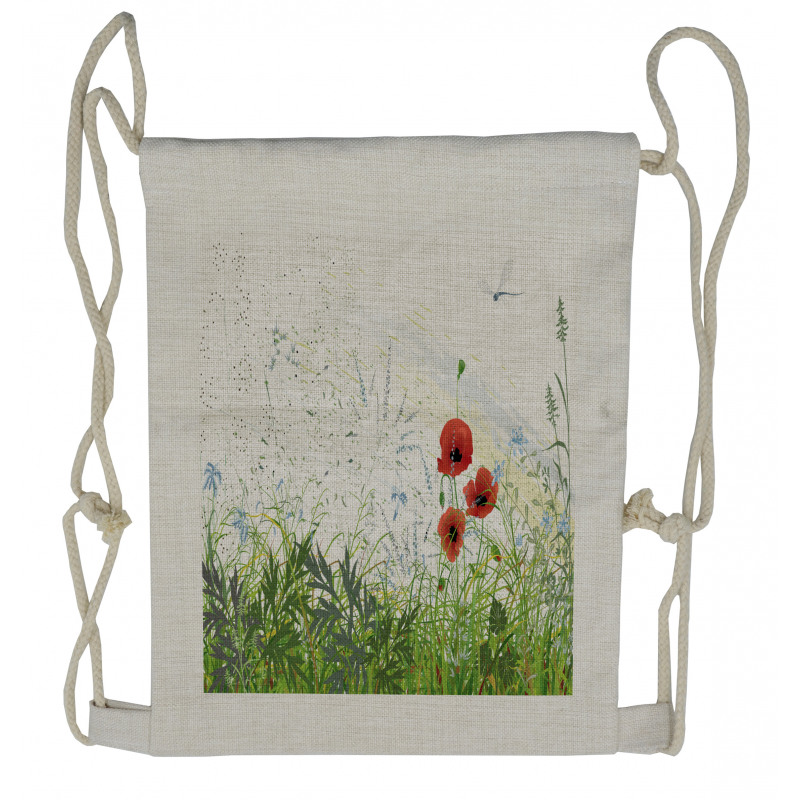 Red Poppies Dragonfly Drawstring Backpack