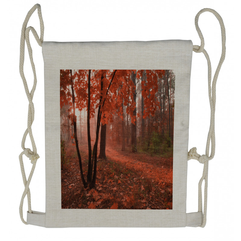 Misty Forest Leaves Orange Drawstring Backpack