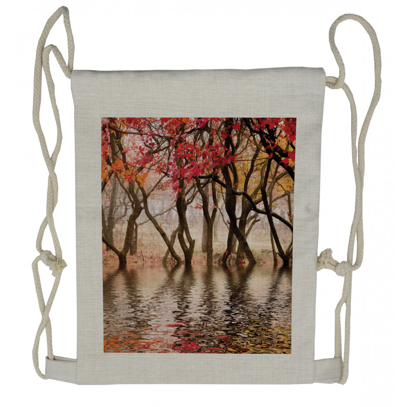 Fall Season River with Trees Drawstring Backpack