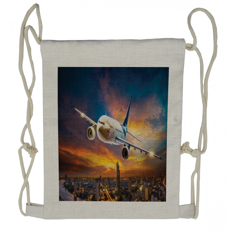 Night Scene with Plane Drawstring Backpack