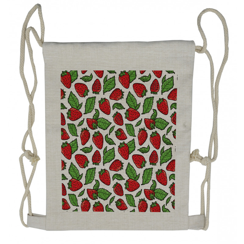 Juicy Strawberries Leaves Drawstring Backpack