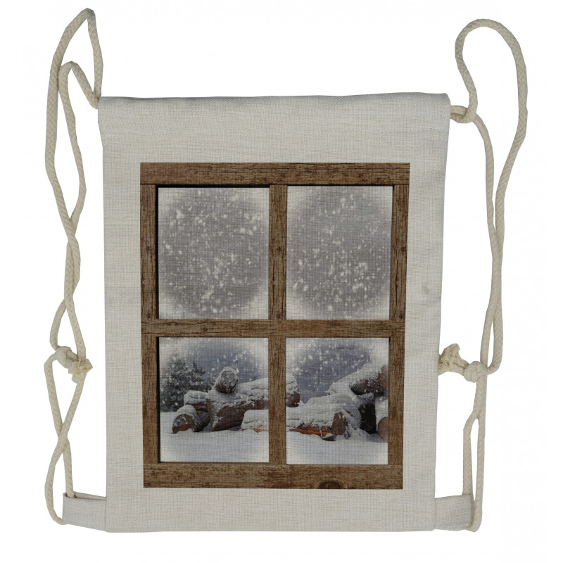 Rustic Snowy Woodsy Frame Drawstring Backpack