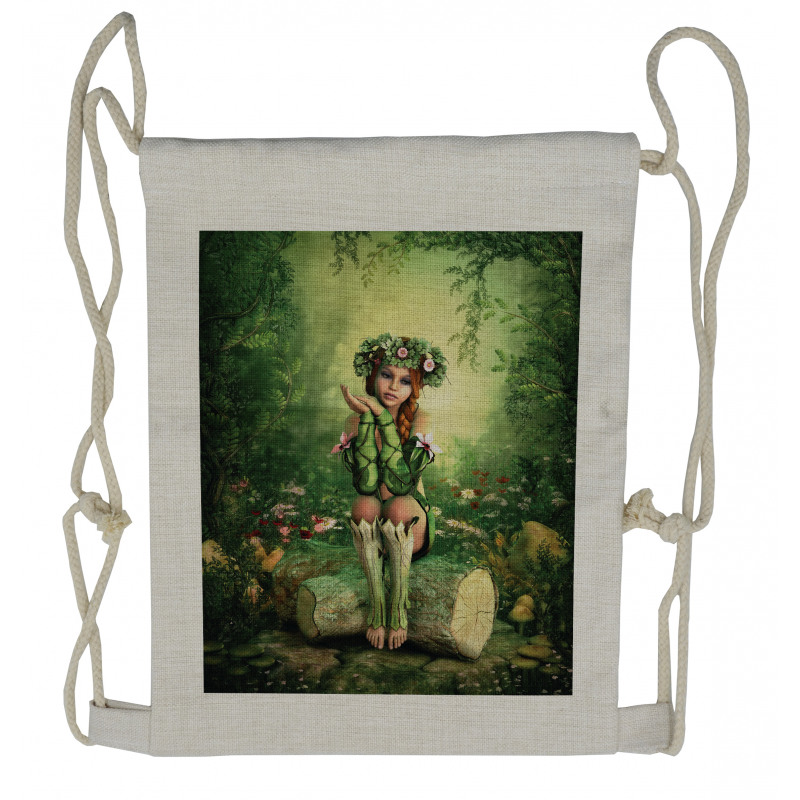 Elf Girl with Wreath Tree Drawstring Backpack