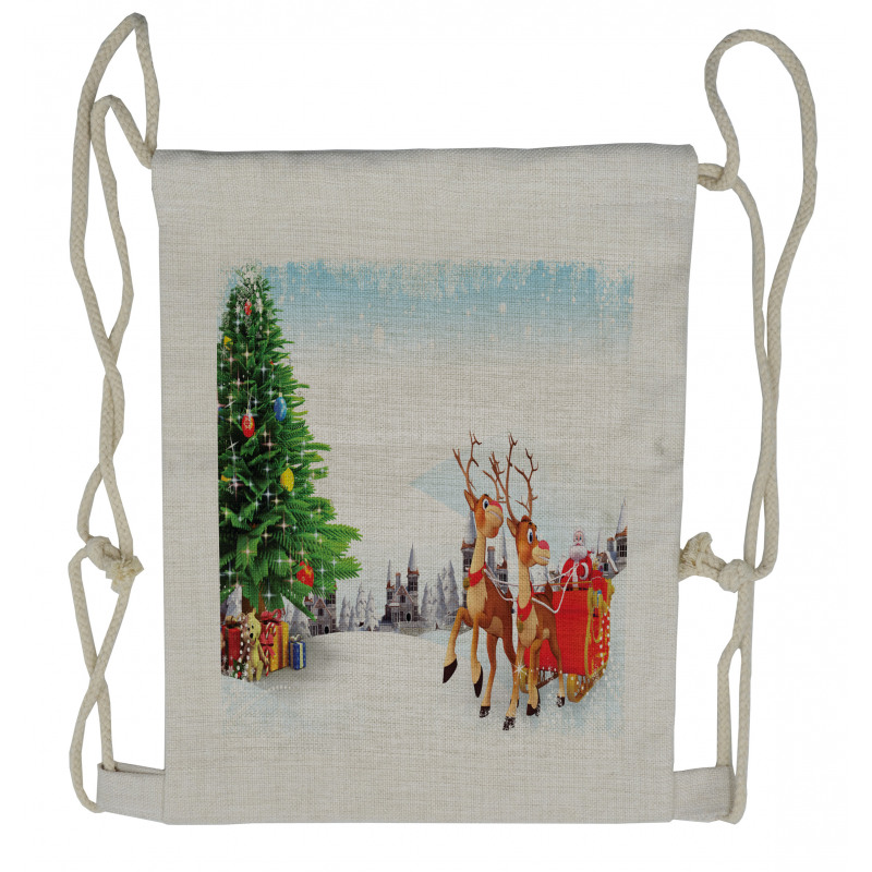 Snowy Village Sleigh Tree Drawstring Backpack