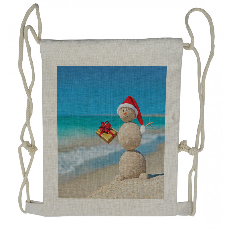 Sand Snowman Santa Hat Drawstring Backpack