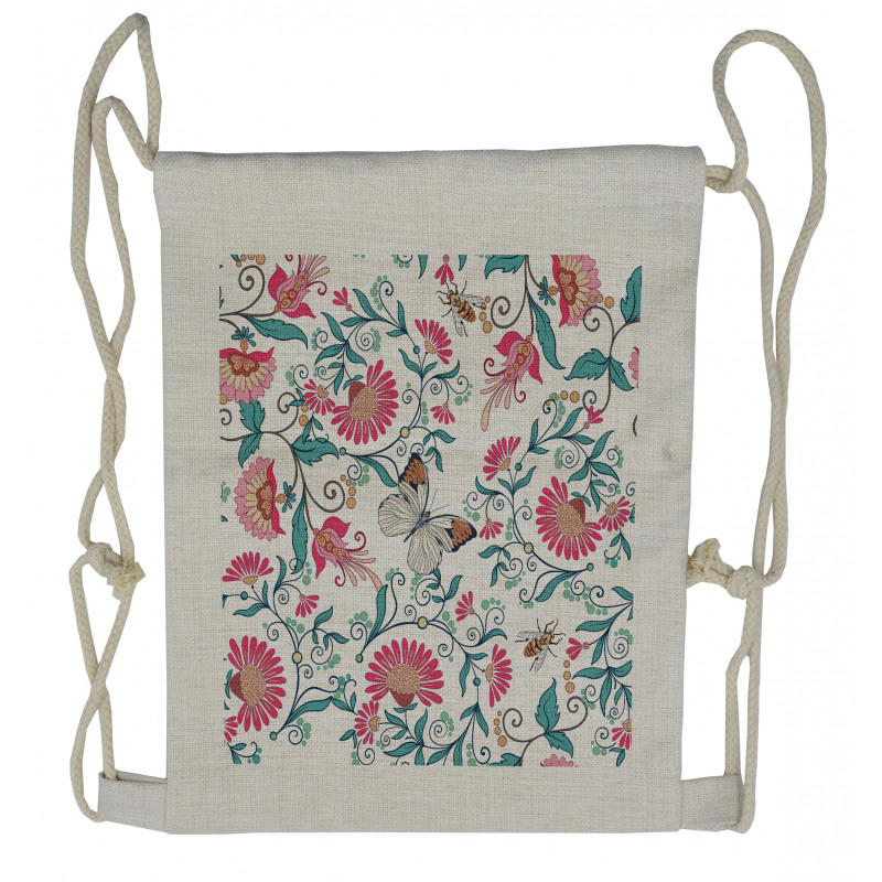 Vintage Floral Art Insects Drawstring Backpack