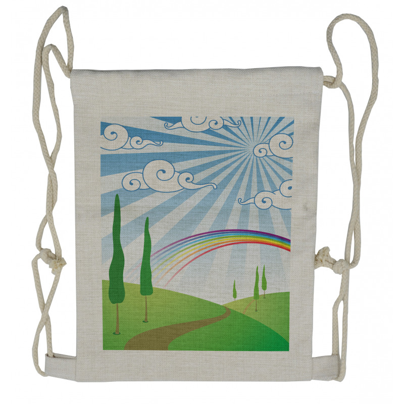 Rainbow on a Meadow Road Drawstring Backpack