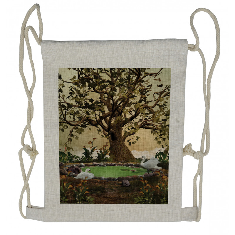 Forest Tree Pond and Swans Drawstring Backpack