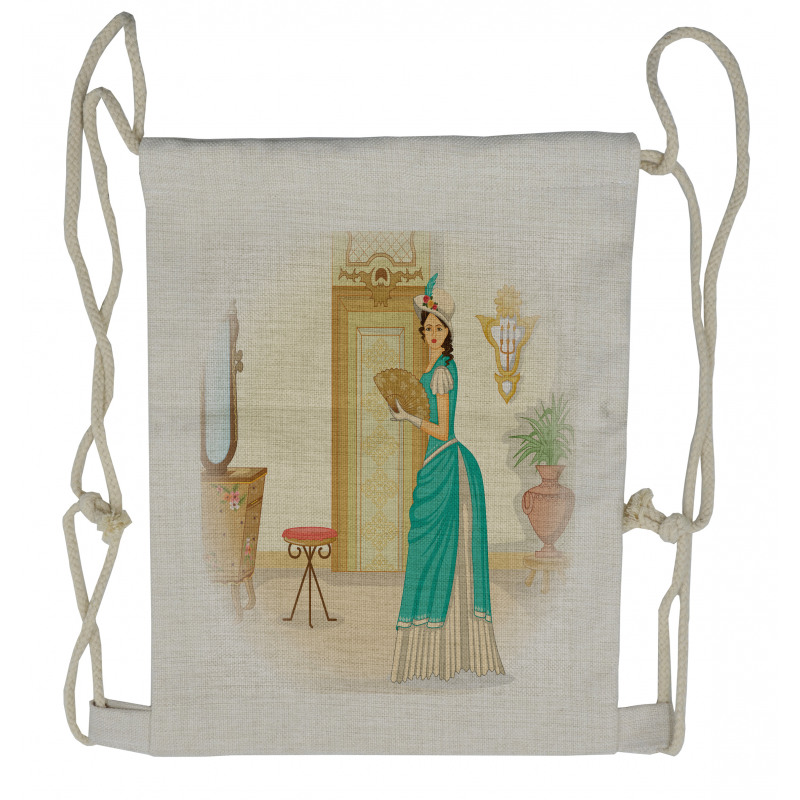 Vintage Woman Hand Fan Drawstring Backpack