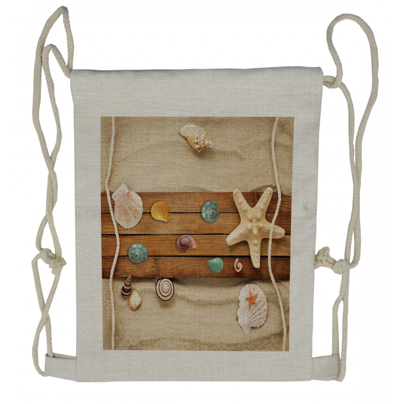 Rustic Board Seashells Drawstring Backpack