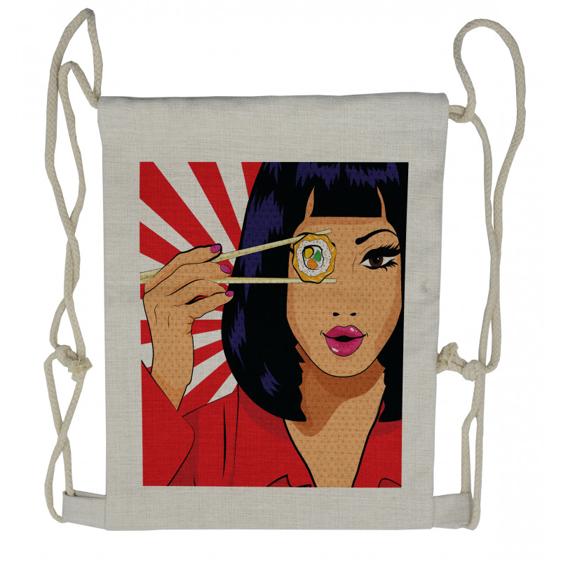 Pop Art Style Girl with Sushi Drawstring Backpack