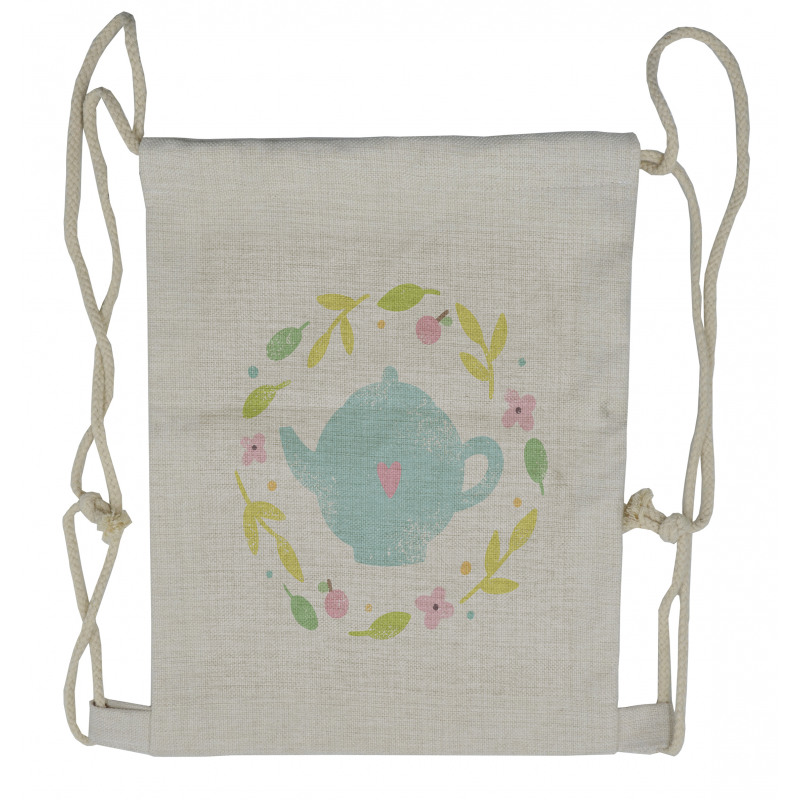 Grungy Teapot Floral Wreath Drawstring Backpack