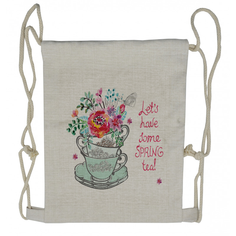 Lets Have Some Spring Tea Text Drawstring Backpack