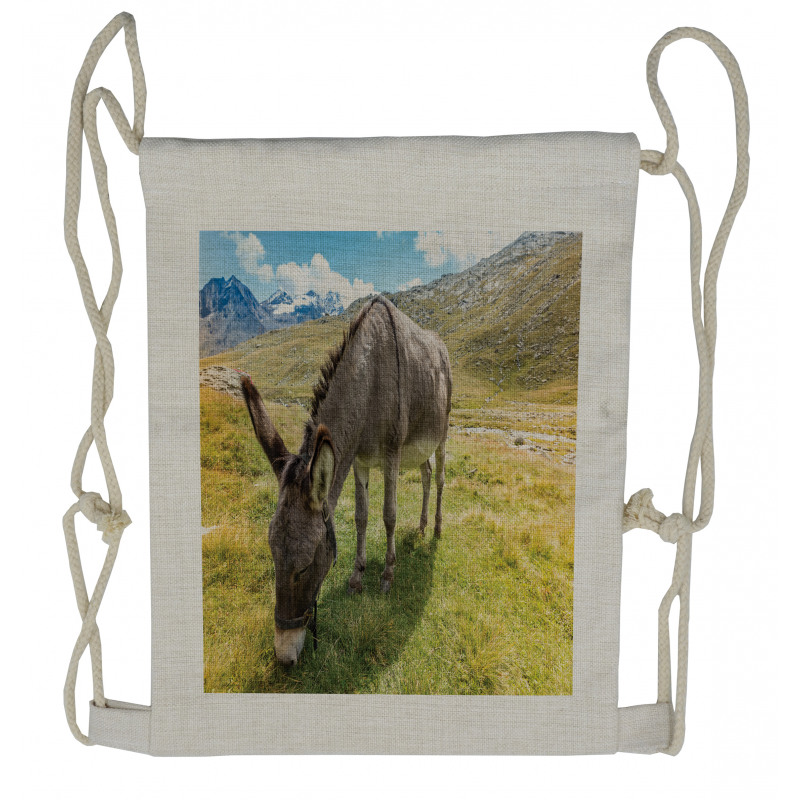 Donkey Eating Grass Mountain Drawstring Backpack