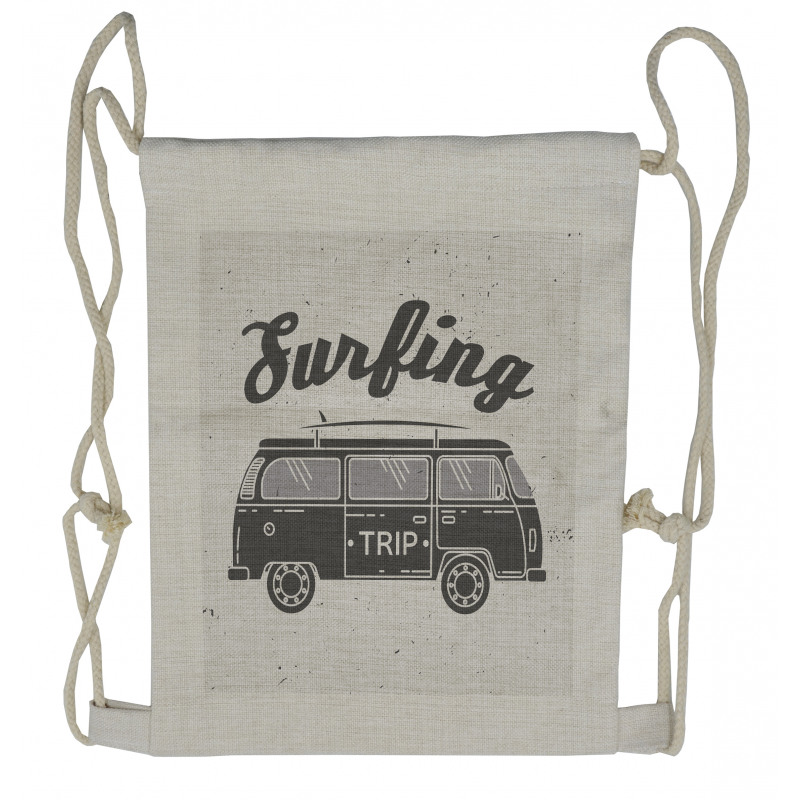 Vintage Van and Surfing Words Drawstring Backpack