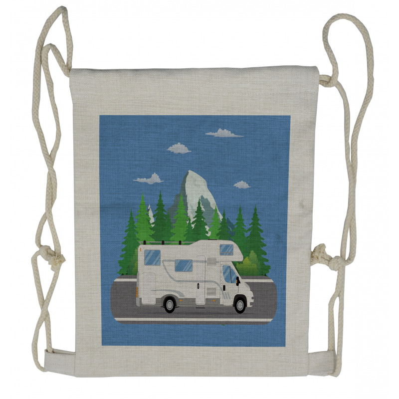 Retro Trailer on Road Forest Drawstring Backpack