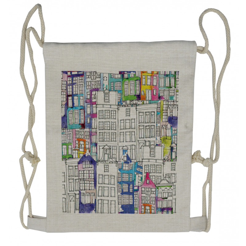 Watercolor Sketch Houses Drawstring Backpack