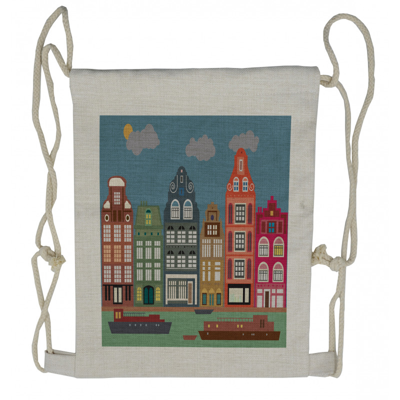 European Houses and Ships Drawstring Backpack