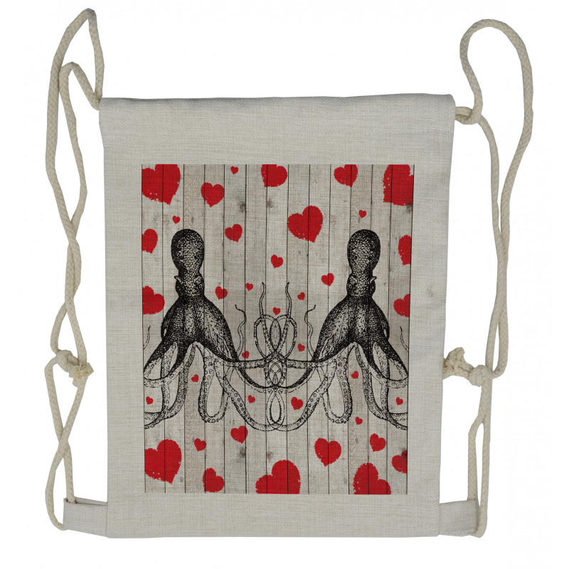 Octopus Sketch and Hearts Drawstring Backpack