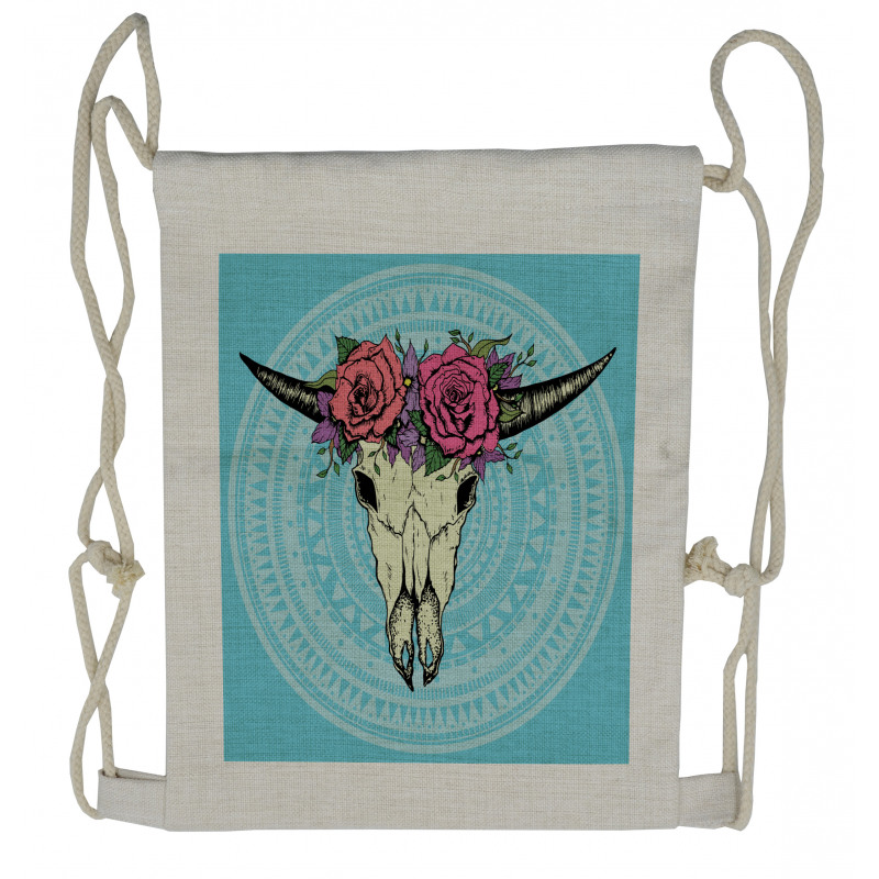 Buffalo Skull with Flowers Drawstring Backpack