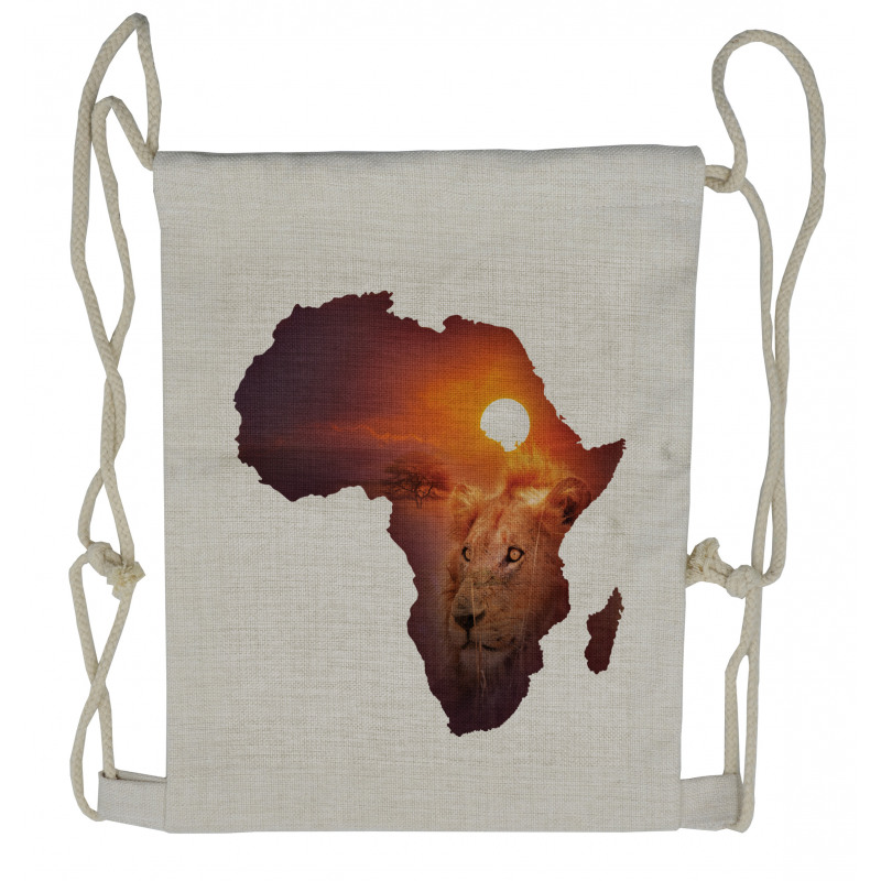 Lion and African Map Sunset Drawstring Backpack