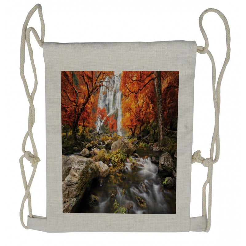 Autumn River Stream on Rocks Drawstring Backpack