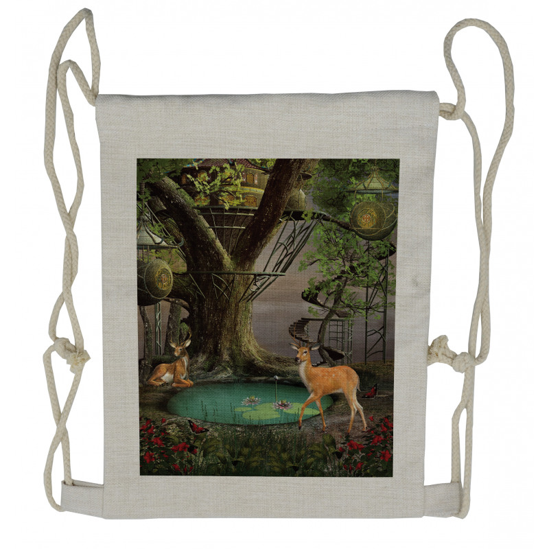 Abstract Deer and Tree House Drawstring Backpack