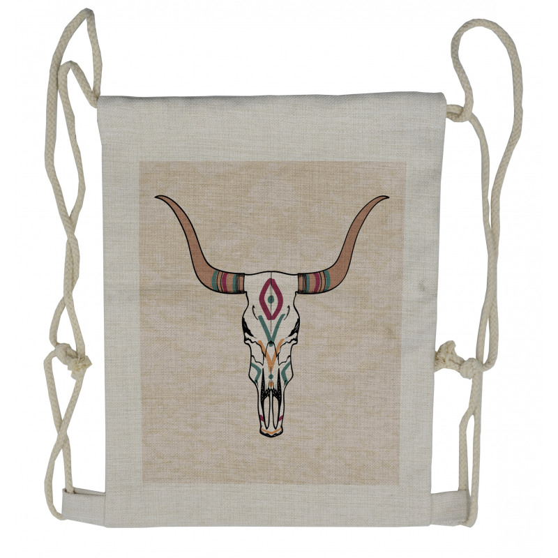 Tribal Bull Skull Folkloric Drawstring Backpack