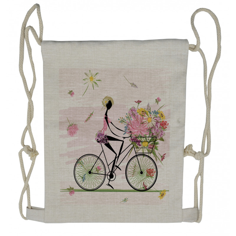 Girl Riding Bike Flowers Drawstring Backpack