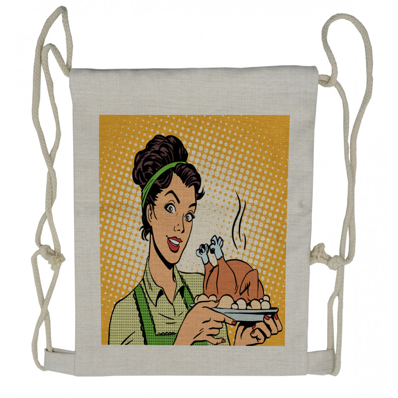 Woman with Cooked Chicken Drawstring Backpack