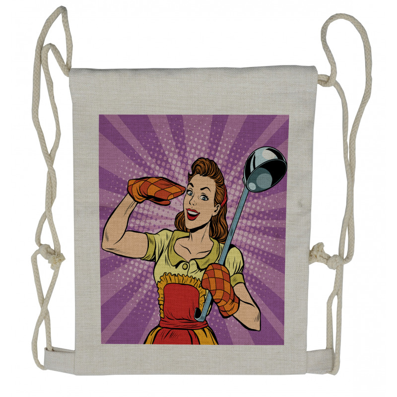 Retro Housewife Cooking Dinner Drawstring Backpack