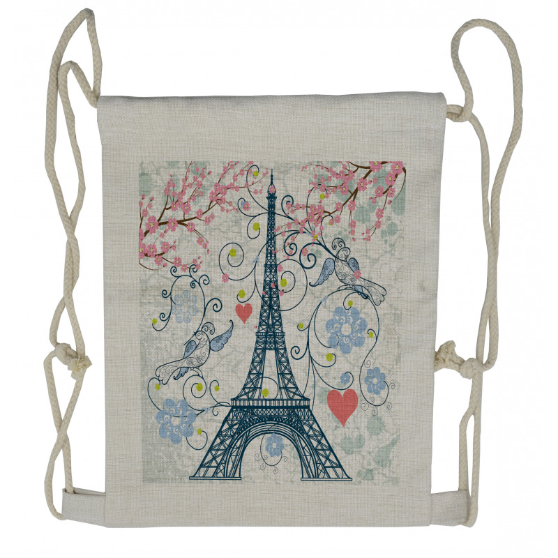 Eiffel Swirling Flowers Heart Drawstring Backpack