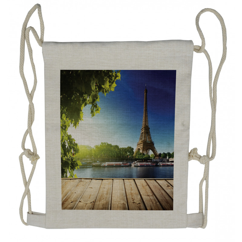 Eiffel Tower Wood Pier Seine Drawstring Backpack