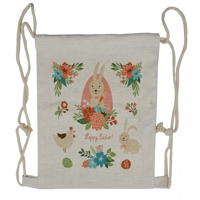 Pastel Bunny Flowers Cartoon Drawstring Backpack