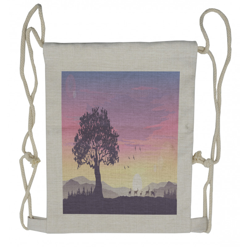 Dreamlike View Big Tree Deer Drawstring Backpack